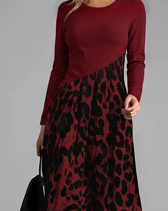 Crew Neck Leopard Full Skirt Dress