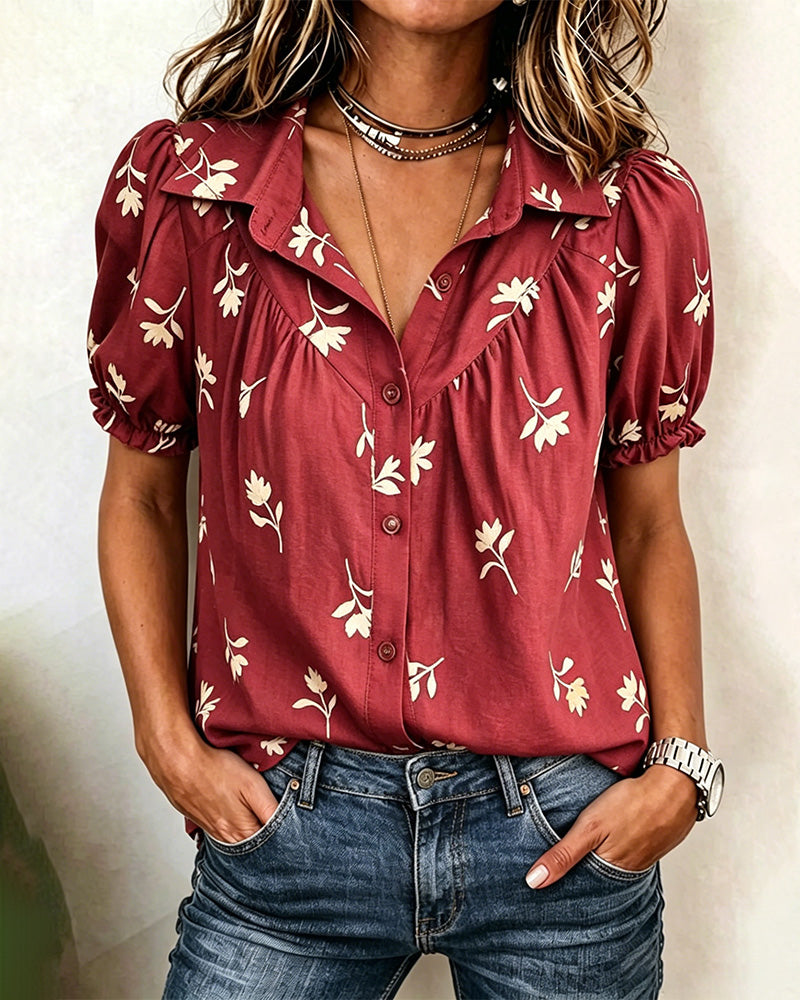 Bubble Sleeve Casual Shirred Blouse