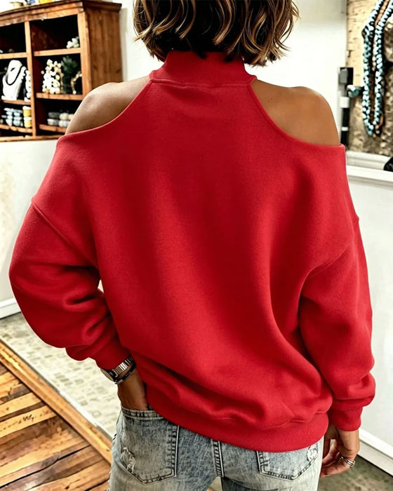 High Neck Off-Shoulder Bow Sweatshirt