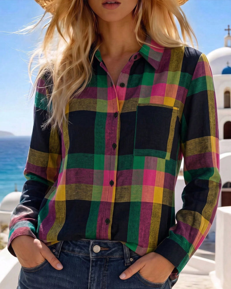 Collared Pocket Plaid Shirt Blouse