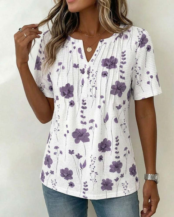 Waffle V-Neck Floral T-Shirt