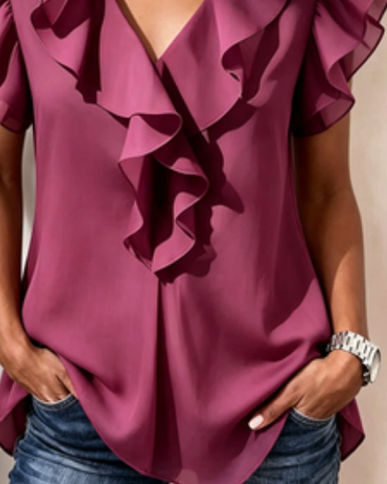 V-Neck Ruffled Sleeveless Blouse
