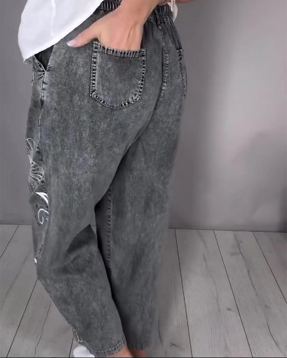 Floral Print Distressed Jeans