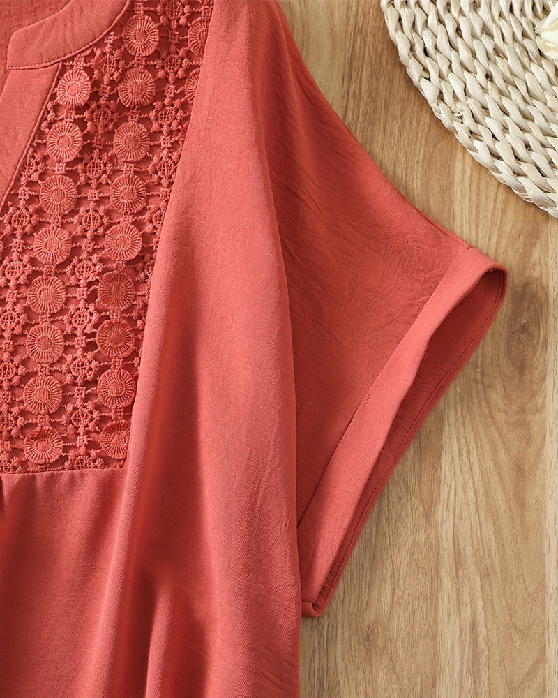 Lace Panel V-Neck Short Sleeve Blouse