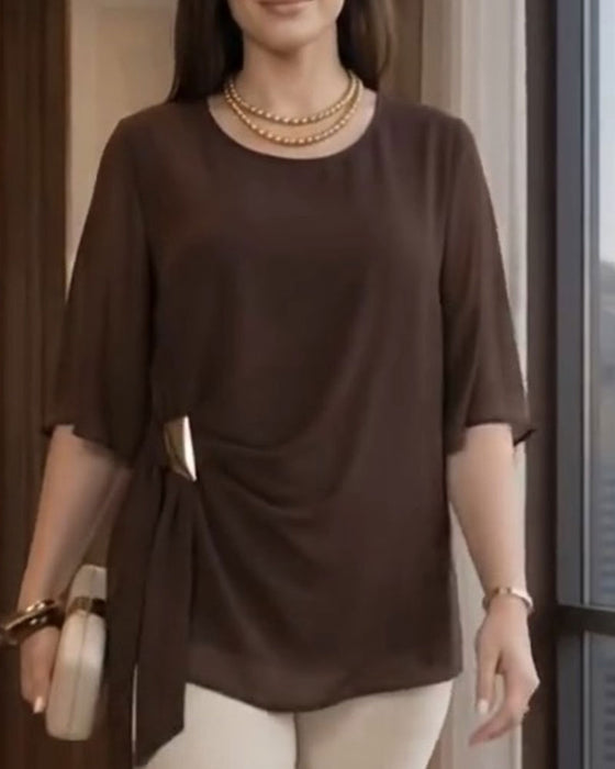 Crew Neck Shirred Casual Blouse