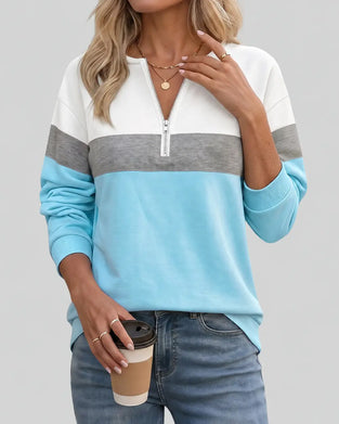 Zippered Stand-Collar Color-Blocked Long-Sleeved Sweatshirt