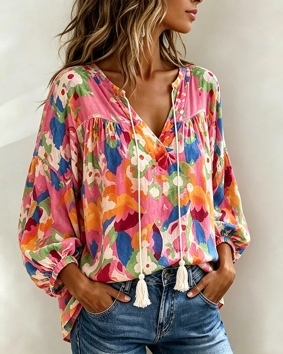 Colorful Printed Lantern Sleeve Fringe Blouse