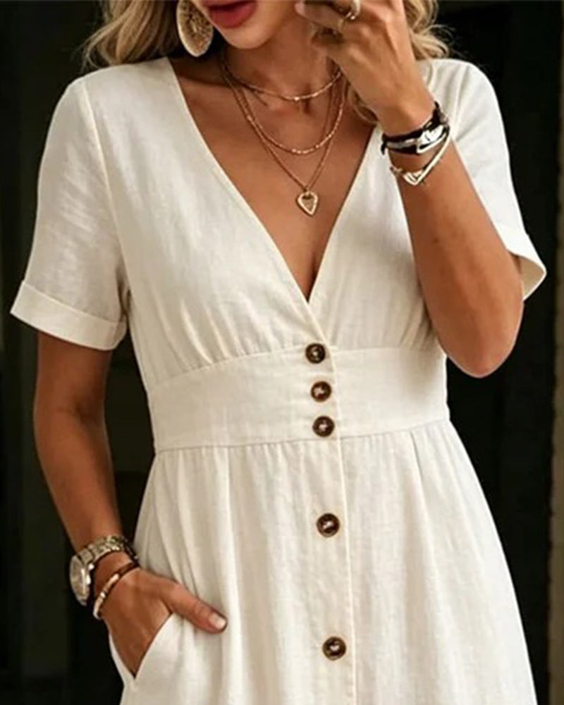 V-Neck Short-Sleeved Button-Up Dress