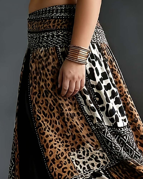 Patchwork Leopard Print Flared Skirt