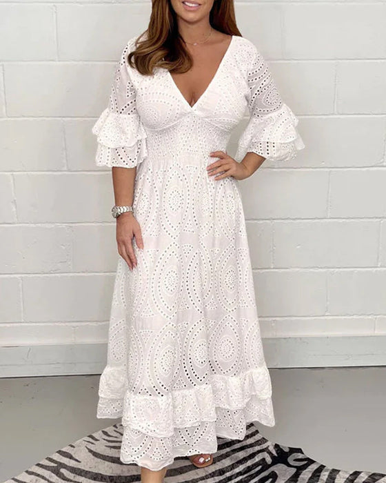 Loose solid color v neck high waist dress