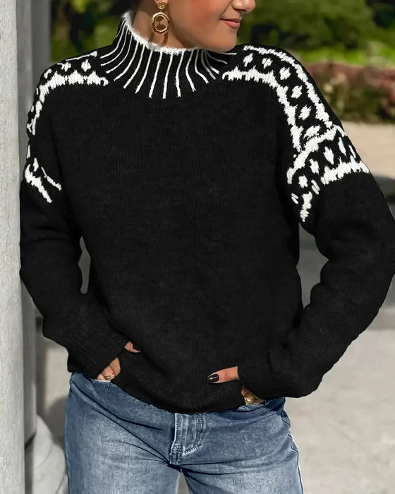 High Neck Patterned Contrast Sweater