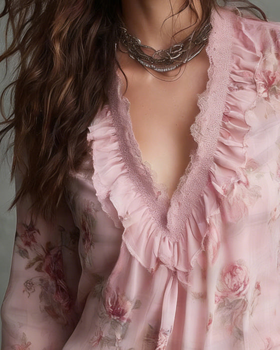 Floral V-Neck Ruffled Blouse