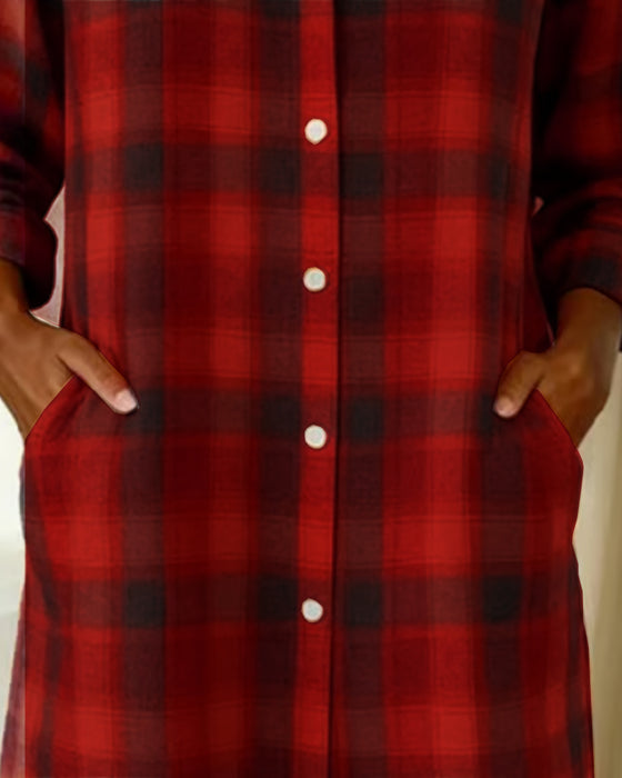 Lapel Plaid Button-Down Shirt Dress