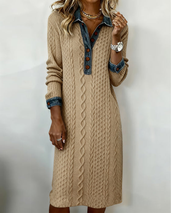 Denim cable knit patchwork collared dress