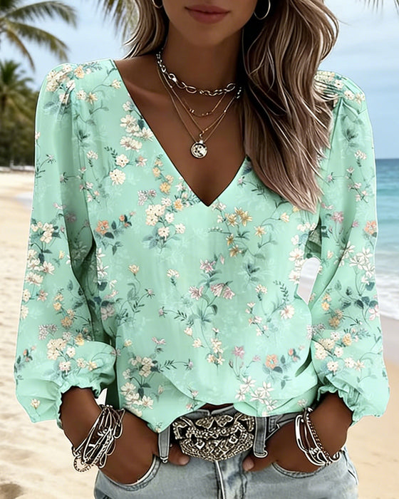 Floral V-Neck Puff-Sleeve Blouse