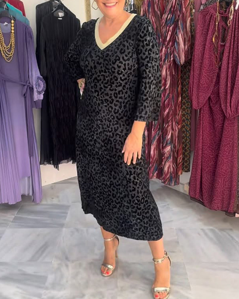 Contrast Color V-Neck Leopard Print Dress