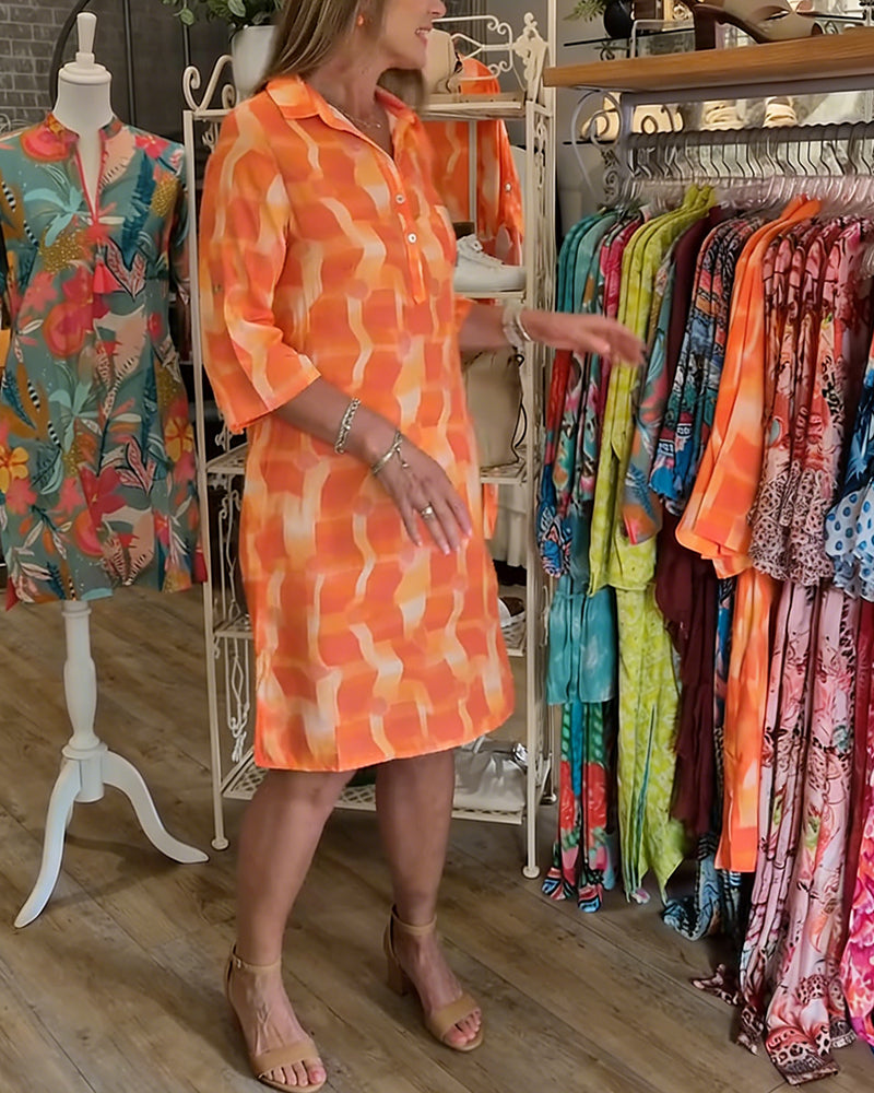 Three-Quarter Sleeve Collared Geometric Print Dress