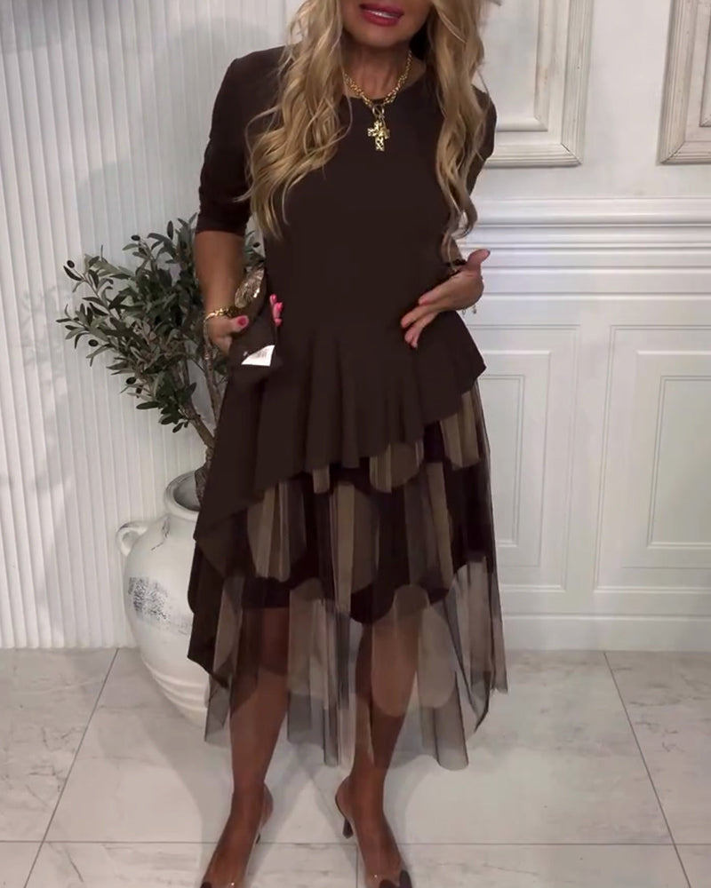 Metal Buckle Belt Lace Patchwork Dress