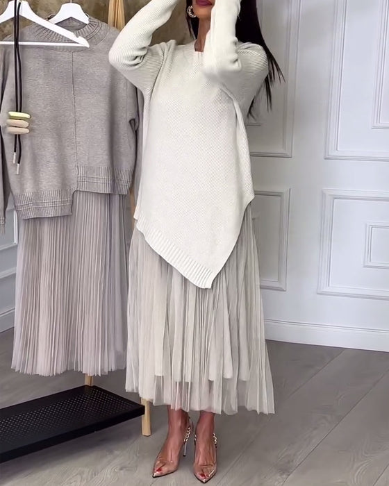 Crew Neck Irregular Pullover And Skirt Two-Piece Set