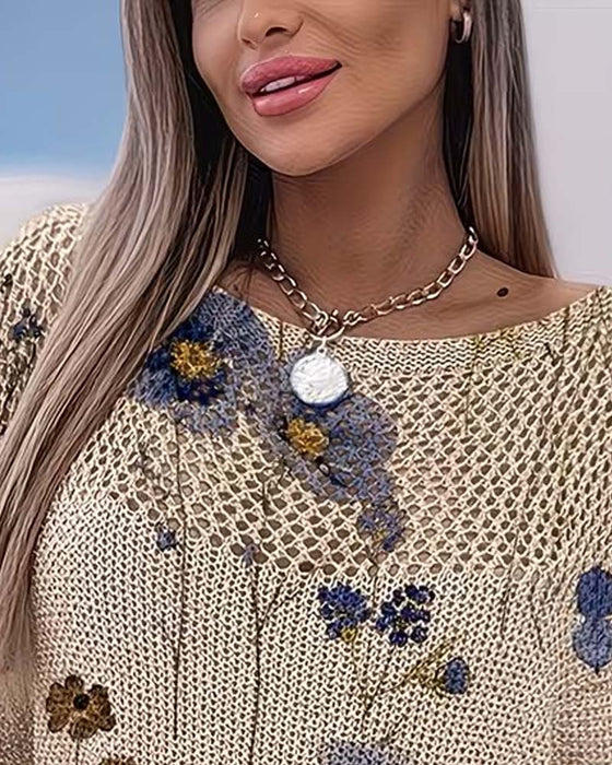 Crew Neck Floral Hollow Out Loose Pullover