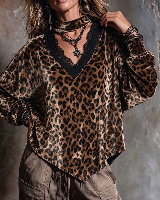 V-Neck Leopard Irregular Blouse