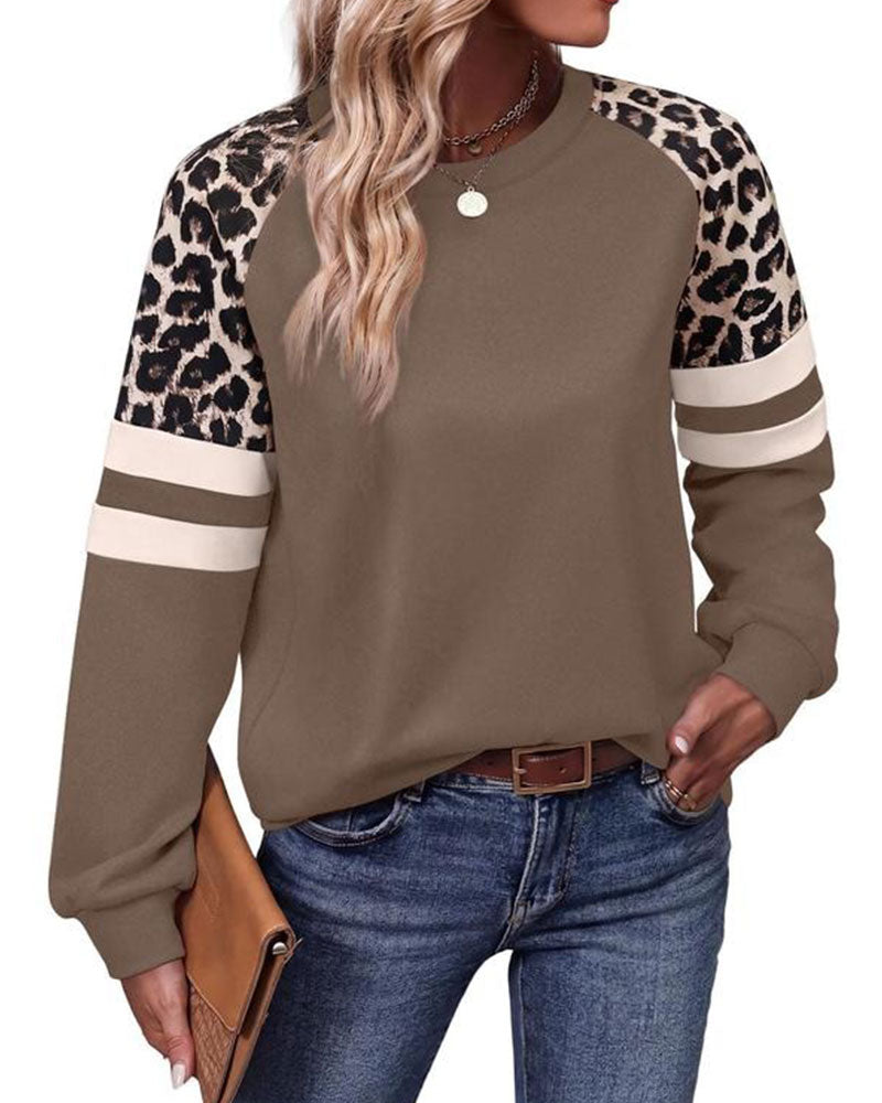 Long Sleeve Crew Neck Leopard Striped Sweatshirt