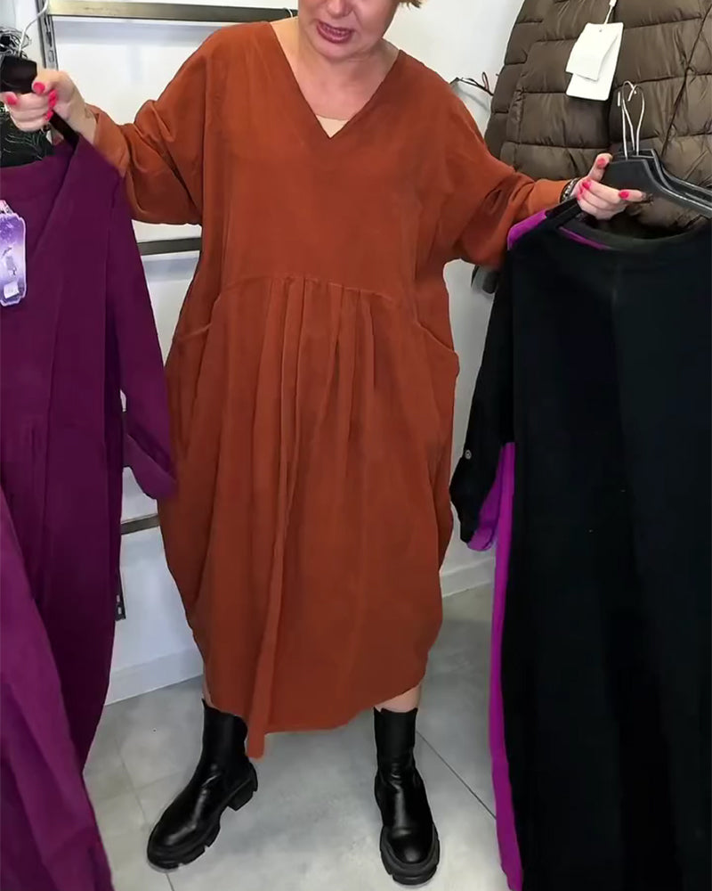 V-Neck Loose-Fitting Accordion Pleated Dress