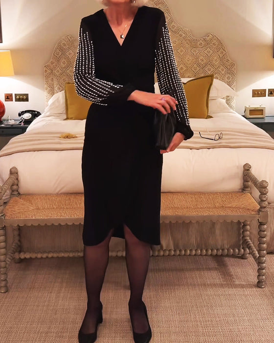 V-Neck Long Sleeve Fitted Waist Midi Dress