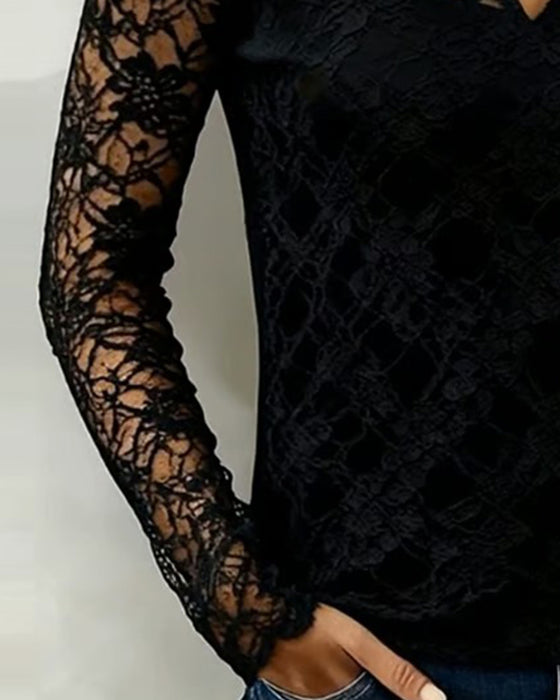 Small V-Neck Lace Long-Sleeved Top