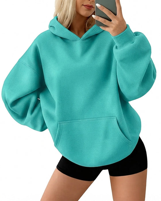 Hooded Pocket Solid Loose Hoodie