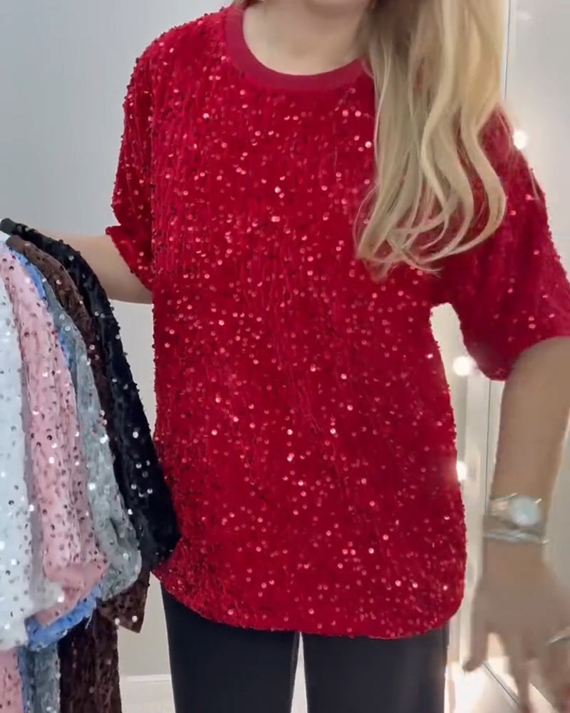 Round Neck Sequined Short-Sleeved T-Shirt