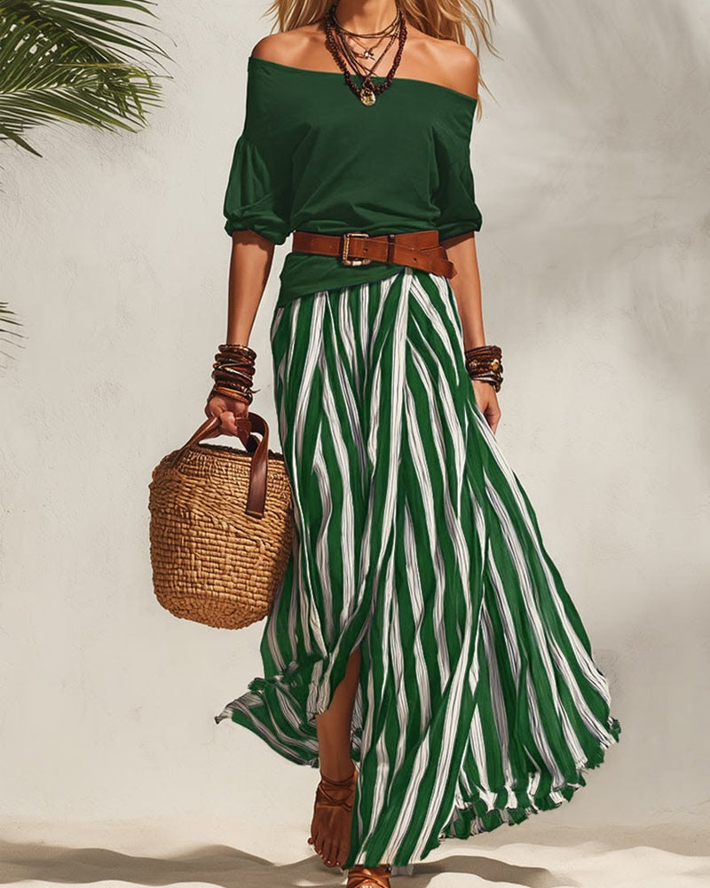 Vertical Striped Skirt Two-Piece Set