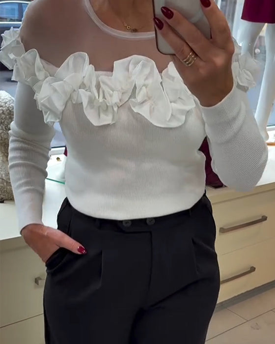 Mesh Spliced Ruffled Long-Sleeved Top