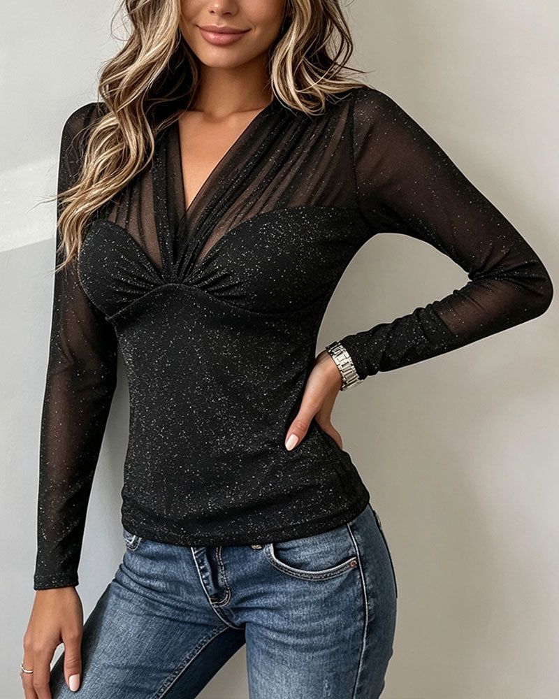 Mesh Patchwork V-Neck Twist Top