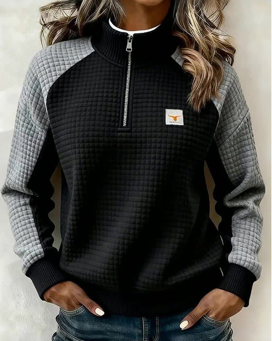 Stand Collar Waffle Color Block Sweatshirt