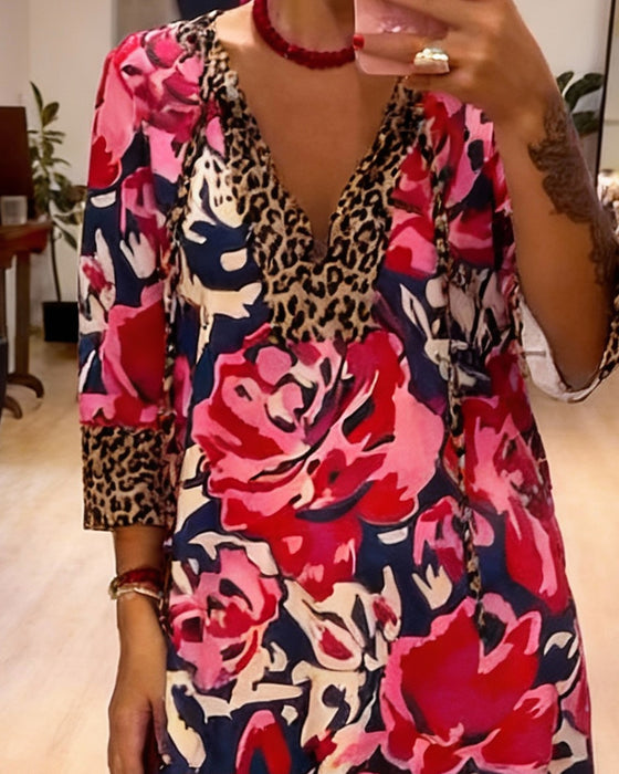 V-Neck Lace-Up Leopard Print Floral Dress