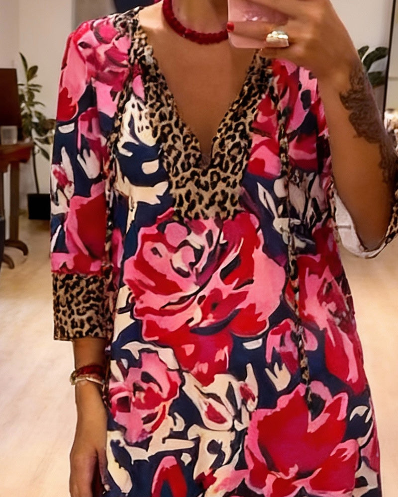 V-Neck Lace-Up Leopard Print Floral Dress