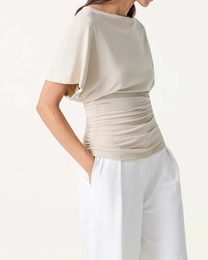 Casual Solid Pleated Short Sleeve Blouse