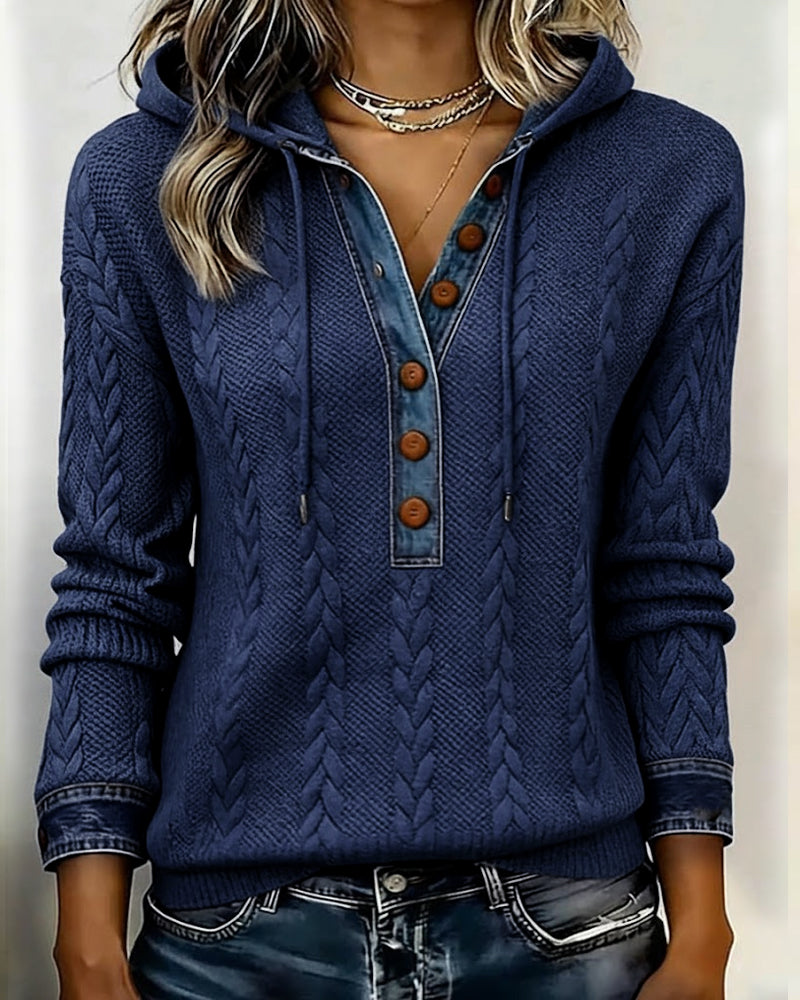 Color-Blocked Button Long-Sleeved Hooded