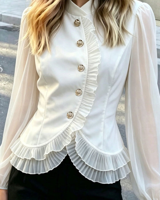 Mini Mandarin Collar Sheer Ruffle Blouse