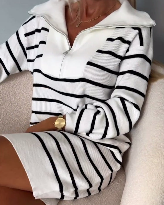 Lapel zipper striped sweater dress