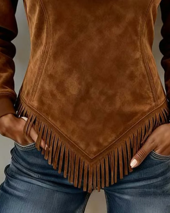 Half-Zip Asymmetric Fringe Sweatshirt