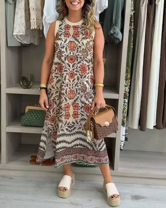 Round Neck Sleeveless Floral Slit Dress