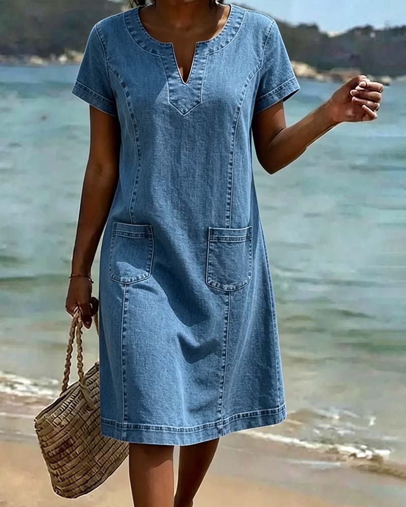 Relaxed Sheath Pocket Small V-Neck Dress