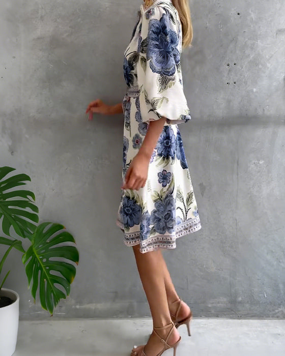 Lantern Sleeve Notched Collar Printed Dress