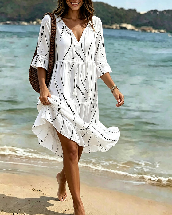 Flutter Sleeve Tie-Waist Polka Dot A-Line Dress