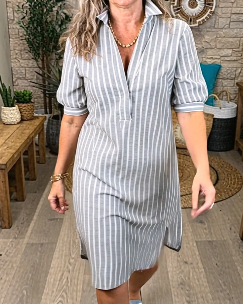 Lapel Stripe Slit Dress