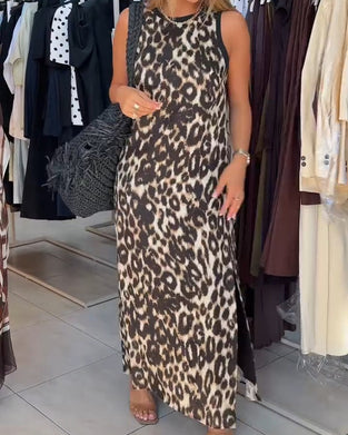 Crewneck Leopard Print Sleeveless Maxi Dress