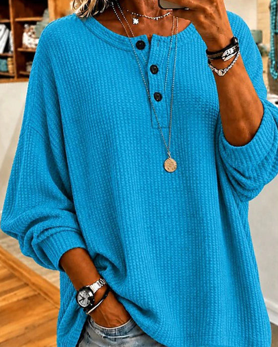 Waffle Crew Neck Loose Blouse