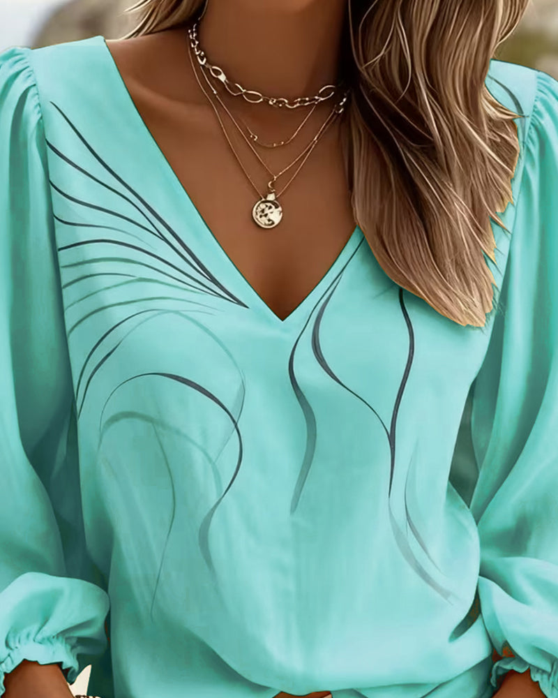 V-Neck Line Printed Puff Sleeve Blouse